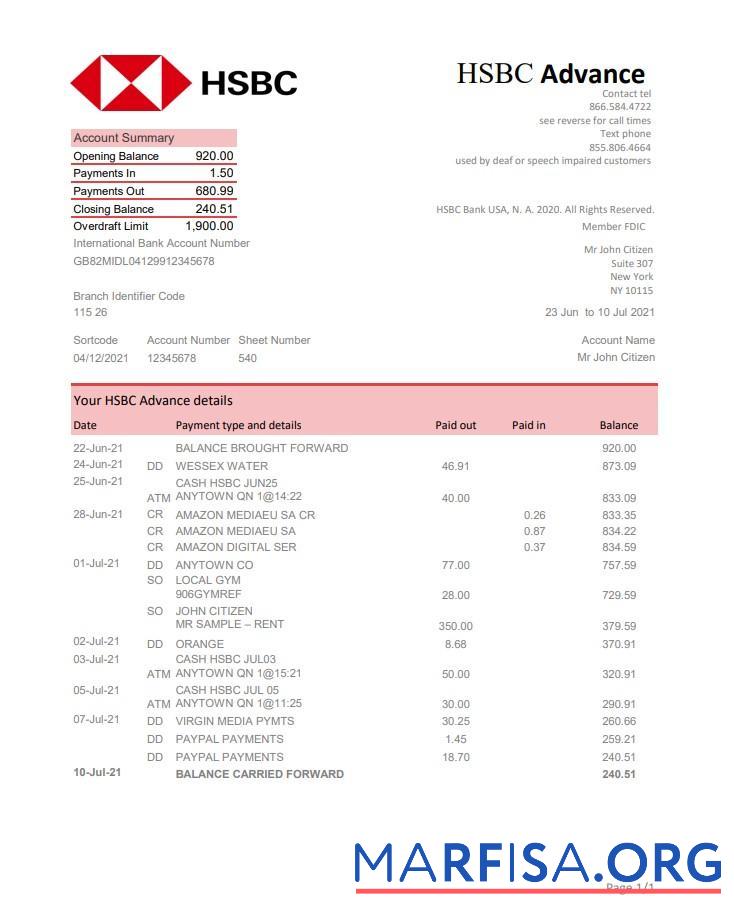 Realistic USA HSBC bank statement excel template